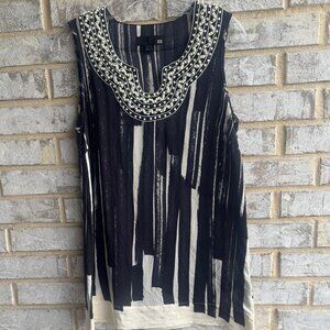 XXL Sleeveless Beaded V-Neck Abstract 100% Silk Blouse Women's Size M